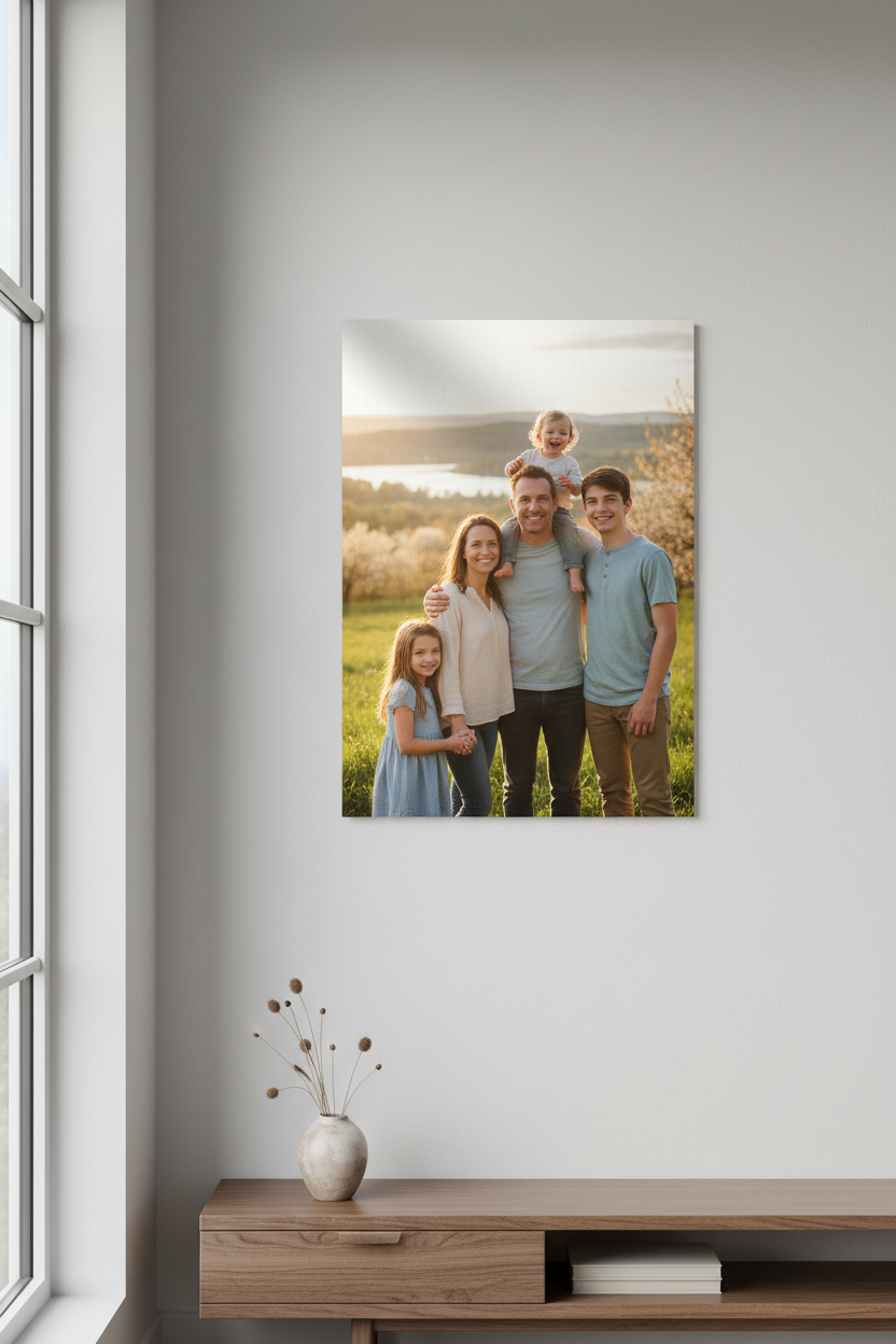 24x30 aluminum poster on the wall showing a family of 5